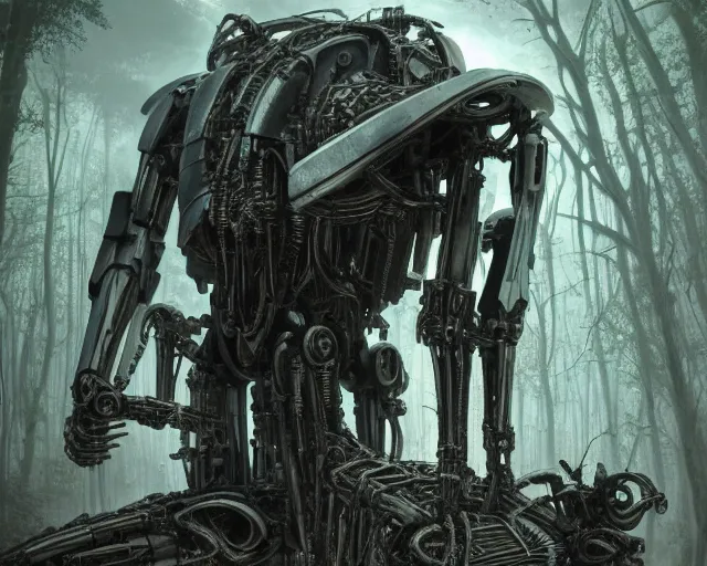 Image similar to photo of a terminator general grievous with heavy duty biomechanical hydraulic cybernetic body and 4 drawn lightsabers in the forest. cyberpunk horror style. highly detailed 8 k. intricate. nikon d 8 5 0 5 5 mm. award winning photography. art by hr giger and zdzislaw beksinski in the style of hzd