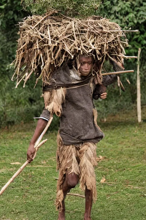 Prompt: a human - goat hybrid, carrying a bundle of sticks, wearing clothes made of leaves
