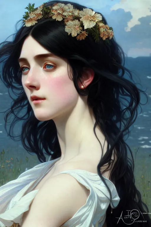 Image similar to ultra realistic, Beautiful black haired woman, Porcelain white complexion, big blue eyes, wearing dress blowing in the wind, detailed background, intricate details, highly detailed, octane render, 8k, art by artgerm and alphonse mucha and greg rutkowski