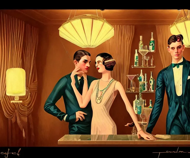 Prompt: a beautiful classy partying couple, dimly lit upscale 1920s speakeasy, relaxed pose, art deco, detailed painterly digital art style by Jeremiah Ketner, retro vibe, 🍸, 8k octane beautifully detailed render, post-processing, extremely hyperdetailed, intricate, epic composition, grim yet sparkling atmosphere, cinematic lighting + masterpiece, trending on artstation, very detailed, vibrant colors, Art Nouveau, masterpiece, romanticism