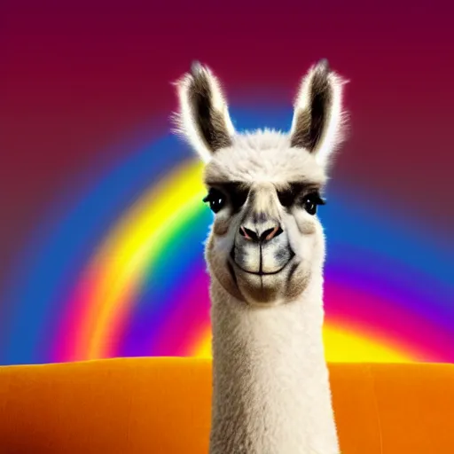 Prompt: rainbow llama watching tv