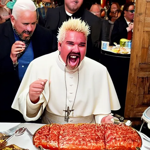 Prompt: guy fieri dressed as the pope eating spam from the can at a formal banquet at a table