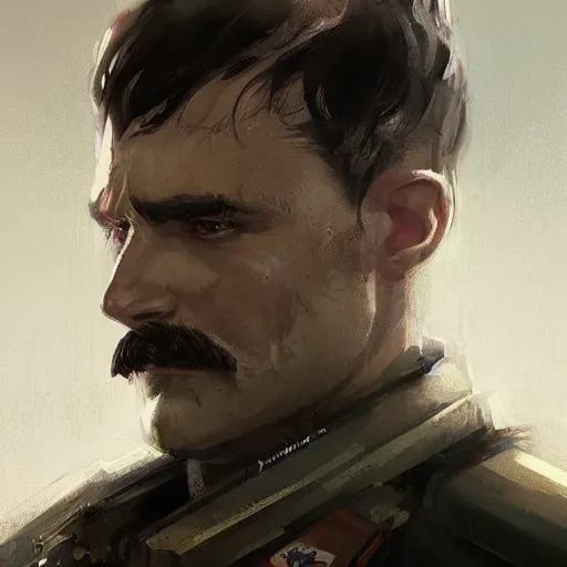 Prompt: portrait of a man by greg rutkowski, british features, short black hair in military style, moustache, tall, star wars expanded, universe, he is about 4 0 years old, wearing imperial captain uniform, artstation hq