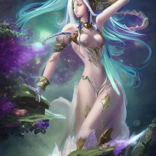 Image similar to selemene, moon goddess, studio mir, lotus plants, dragons, elemental, magic, fantasy, anime. the book dota. concept art, fantasy art, manga, elves, 1 6 k resolution, dof, trending on cgsociety.