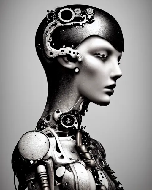 Prompt: black and white dreamy foggy poetic smoky profile face portrait, one silver steampunk realistic eye biomechanical beautiful angelic young female cyclope - cyborg - robot bust, body ribs meshes,, volumetric light, hibiscus flowers, by dora maar, rim light, big gothic fashion pearl embroidered collar, 8 k