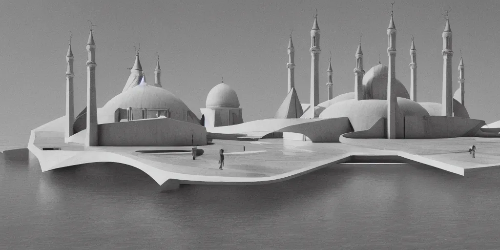 Image similar to mosque floating spaceship by louis kahn, golds fantasy world