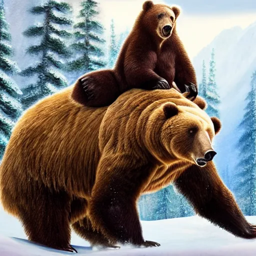 Prompt: the bob ross riding on the back of a brown bear, outdoor, hyperrealistic, shutterstock contest winner, digital art, national geographic photo