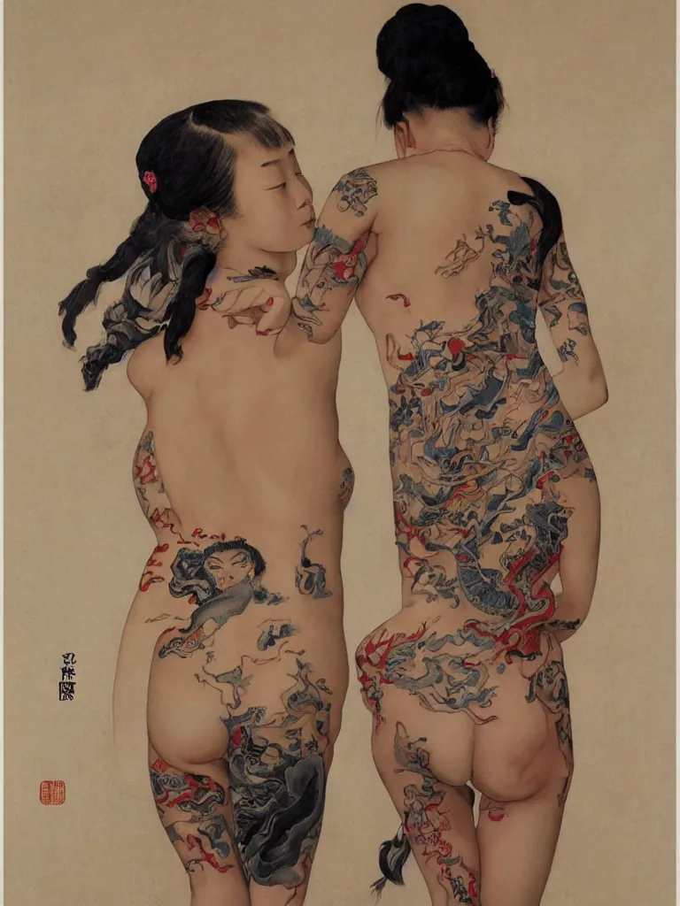 Image similar to a full figure Portrait of a beautiful Chinese girl with a tattoo of a dragon on her back standing in a temple by Norman Rockwell