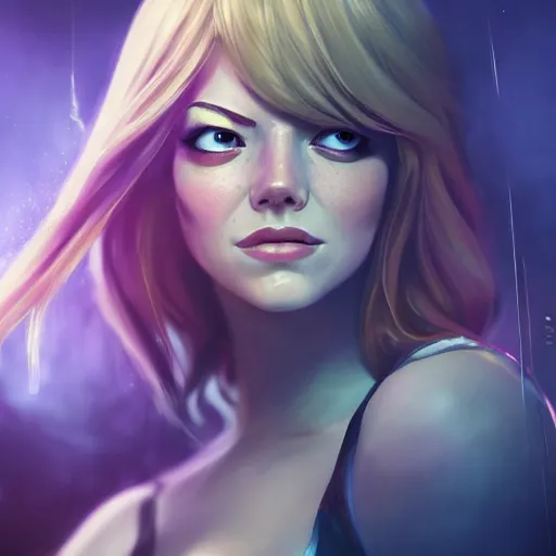 Image similar to emma stone portrait, arcane : league of legends, concept portrait, riot, game, detailed expression, high quality, cinematic lighting, fantasy, reflective, spotlight, digital artwork