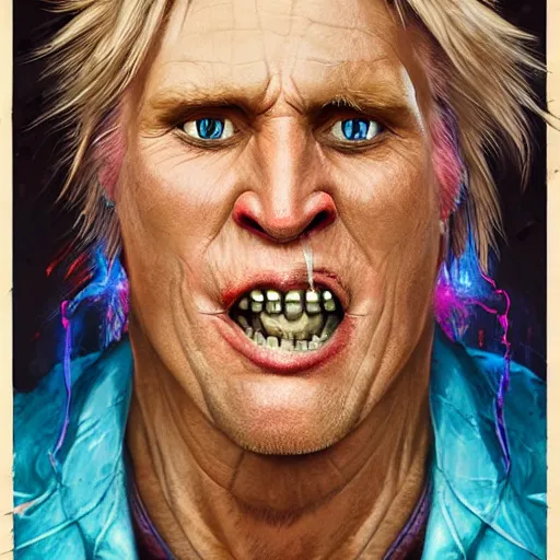 Prompt: detailed photo portrait of a Half-orc bard portrayed by Gary Busey, 8k,by Tristan Eaton, Stanley Artgermm, Tom Bagshaw, Greg Rutkowski, Carne Griffiths, trending on DeviantArt, face enhance, hyper detailed ,full of color, dramatic lightning, epic stance