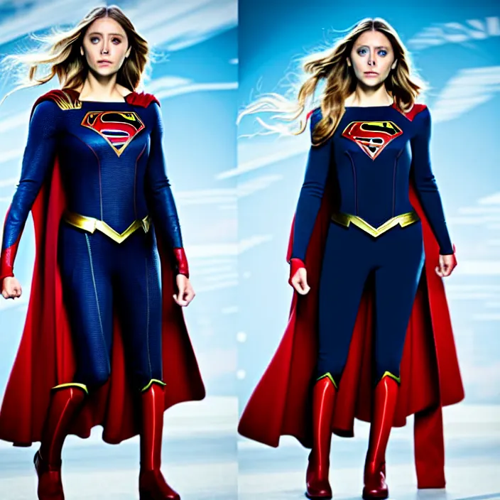 Image similar to professional full length photograph of elizabeth olsen as supergirl. Extremely detailed. 8k