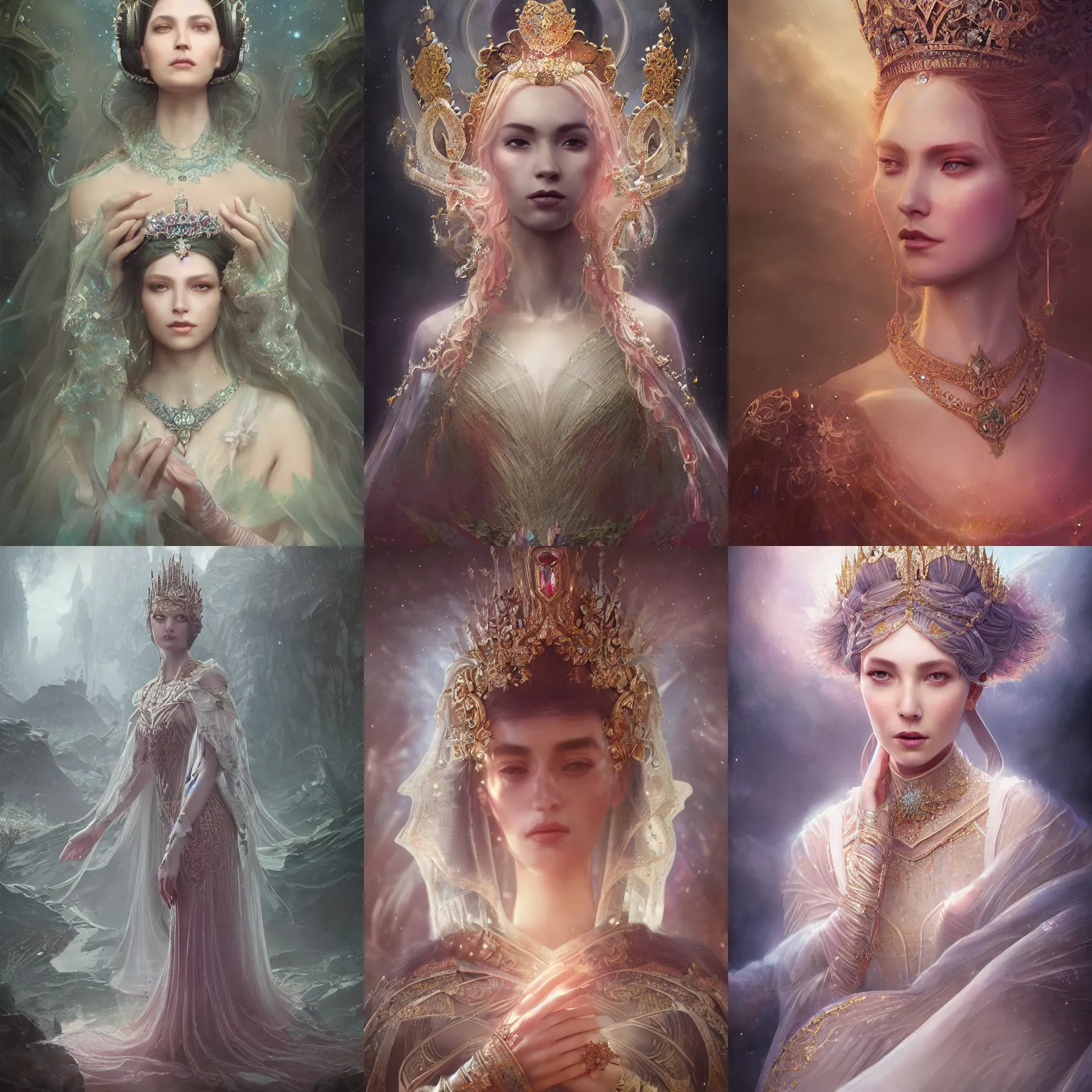 Prompt: Atmospheric detailed photography of a beautiful empress, wearing crystal fractal tiara, fantasy long intricate gown, sharp focus, octane render, high quality, 8k, volumetric lighting, color grading, by Tom Bagshaw and James Jean and Artgerm