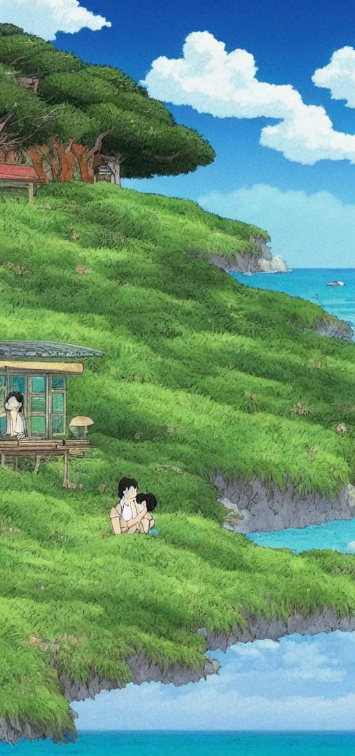 Prompt: rolling meadows next to an ocean by studio ghibli, peaceful, serene, beautiful