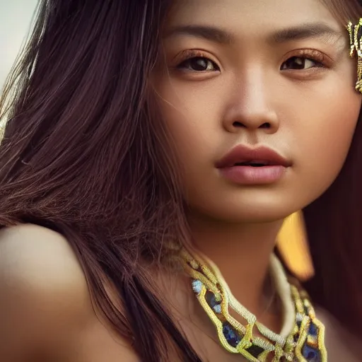 Prompt: portrait of a stunningly beautiful Filipina, depth of field, zeiss lens, detailed, symmetrical, centered, fashion photoshoot, by Annie Leibovitz and Steve McCurry, David Lazar, Jimmy Nelsson, Breathtaking, 8k resolution, extremely detailed, beautiful, establishing shot, artistic, hyperrealistic, beautiful face, octane render