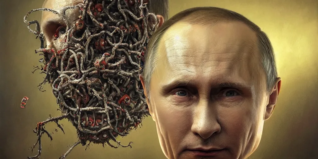 Prompt: highly detailed surreal portrait of vladimir putin's face is eaten by worms, in the background an army of zombies with their mouths sewn shut with wire in the shape of the letter z, style of greg rutkowski and ralph horsley, photorealistic, hyperdetailed, matt painting, digital art, non blurry, sharp, artstation, concept art, smooth, illustration