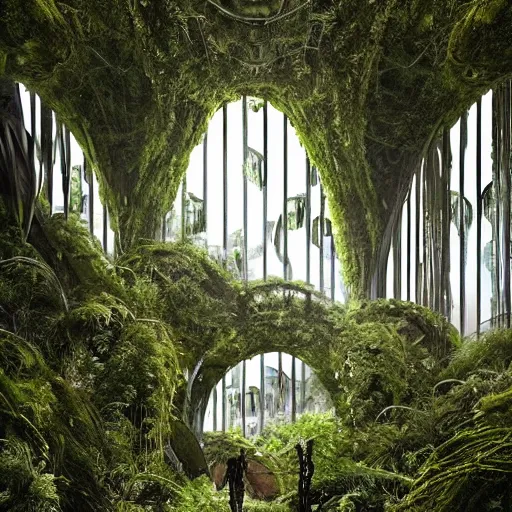 Image similar to a dream about opulent, abandoned overgrown futuristic base on Mars designed by Zaha Hadid, lush plants growing through the glossy floors and walls, walls are covered with moss and vines, beautiful, dusty, golden volumetric light shines through, golden rays fill the space with warmth, rich with epic details, dreamy atmosphere and drama