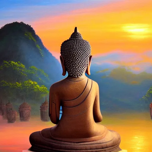 Prompt: a beautifully detailed wide angle oil painting of a sitting thai buddha statue in front of a thai temple with a gorgeous sunrise, trending on artstation