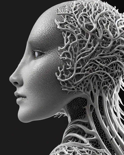 Image similar to bw close - up profile face, black background, beautiful porcelain vegetal dragon cyborg young female, 1 5 0 mm, beautiful natural soft rim light, silver gold details, magnolia leaves and stems, roots, fine lace, mandelbot fractal, elegant, ultra detailed, white metallic armour, octane render, h. r. giger style