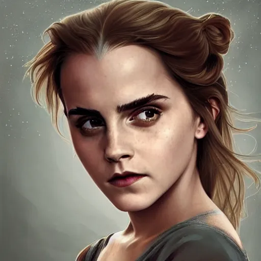 Image similar to Very funny Emma Watson looking like an old monkey, colorful painting on grey scale face, powerful , magic, thunders, dramatic lighting, intricate, wild, highly detailed, digital painting, artstation, concept art, smooth, sharp focus, illustration, art by artgerm and greg rutkowski and alphonse mucha, footage