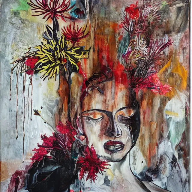 Image similar to “ a portrait in a female art student ’ s apartment, australian wildflowers, sensual, queer woman, flax, flannel flower, bottlebrush, eucalyptus, art supplies, a candle dripping white wax, clay, squashed berries, berry juice drips, acrylic and spray paint and oilstick on canvas, surrealism, neoexpressionism ”