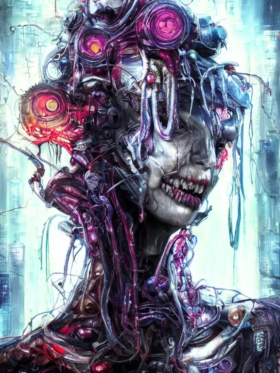 Image similar to portrait art of 8k ultra realistic undead eldritch horror corrupted ghost in the shell,decaying, cybernetic, full of colour, cinematic lighting, battered, trending on artstation, 4k, hyperrealistic, focused, extreme details,unreal engine 5, cinematic, masterpiece, art by ayami kojima, giger