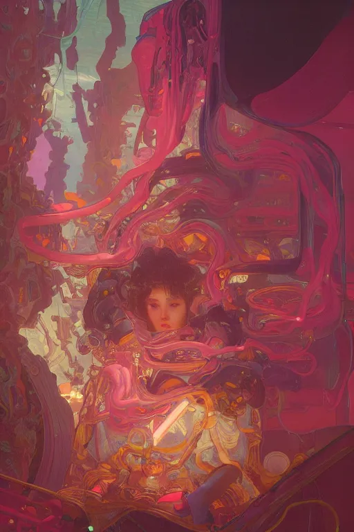 Prompt: interior of a digesting Stomach filled with glowing pink water, Cross section, Claustrophobic, seapunk Mecha , vaporwave , digital art, artstation, by WLOP, Ilya repin, alphonse mucha., Very highly detailed 8K, octane, Digital painting, the golden ratio,