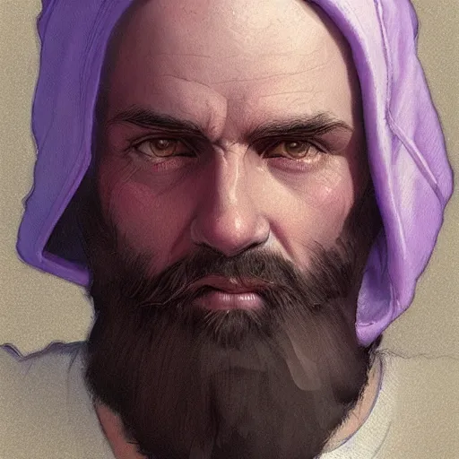 Prompt: bearded bald man with a purple cap, detailed, digital art, artstation, smooth, sharp focus, art by artgerm, greg rutkowski, alphonse mucha