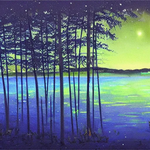 Image similar to lake, trees, night, fireflies glowing above water, painting, concept art,