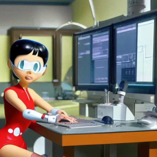 Prompt: pixar - style rendering of : roll is repairing computers in dr. light's laboratory. roll is a cute female ball - jointed robot ( inspired by osamu tezuka ) who has blonde hair with bangs and a ponytail tied with a green ribbon. she is wearing a red one - piece dress with a white collar, and red boots.