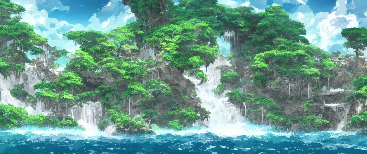 Prompt: a small crumbling island with waterfalls flowing off the island, floating in space, studio ghibli, digital art, detailed, depth of field