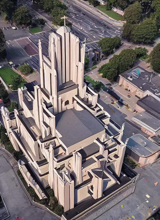 Image similar to isometric artdeco cathedral by frank lloyd wright, shot from drone, painted by piet mondrian