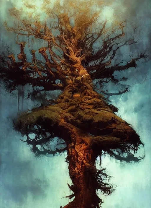 Image similar to giant dead tree, intricate, elegant, highly detailed, vivid colors, john park, frazetta, sparth, ruan jia, jeffrey catherine jones