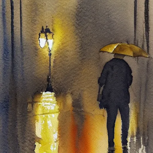 Prompt: a watercolor painting night watchman walking on a rainy night
