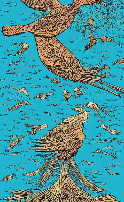 Prompt: bird swimming on its back, view from above, river, peaceful, by Geof Darrow and James Jean,