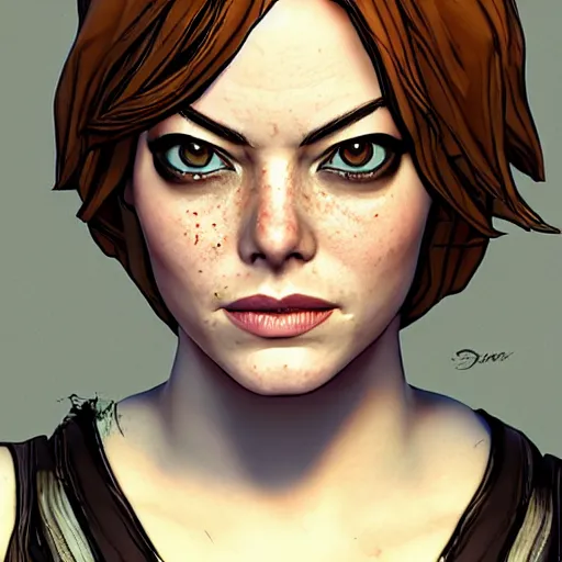 Image similar to emma stone portrait, borderlands, tales from the borderlands, the wolf among us, comic, cinematic lighting, studio quality, 8 k