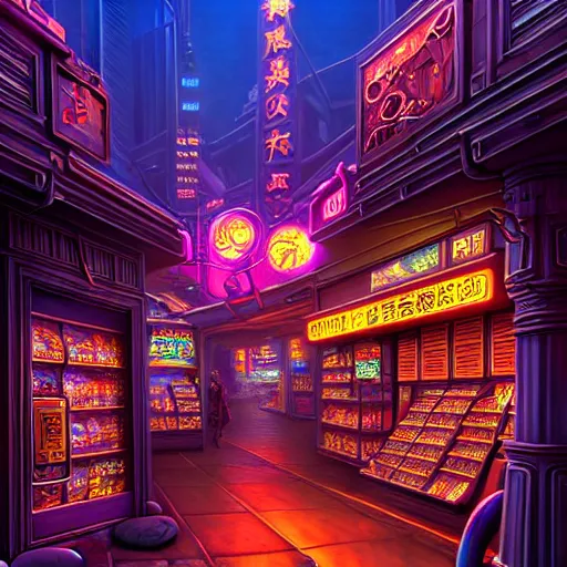 Prompt: fantasycore, eldritch, psychic, masterpiece, 8k resolution, scrollwork, magic conduits, zBrush, cel-shaded, 2099 neo-tokyo, convenience store, art by greg hildebrandt, composition by octane render