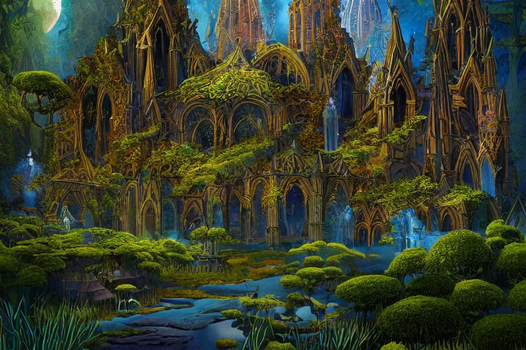 Prompt: a beautiful and highly detailed fantasy landscape painting of a cathedral in a beautiful garden in a mystical forest, psychedelic, intricate details, epic scale, insanely complex, 8 k, sharp focus, hyperrealism, artstation, cgsociety, by eyvind earle,