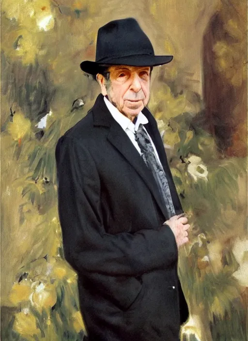 Image similar to Leonard Cohen, wearing a trilby hat, portrait by John Singer Sargent, by Frank McCarthy, by Robert McGinnis