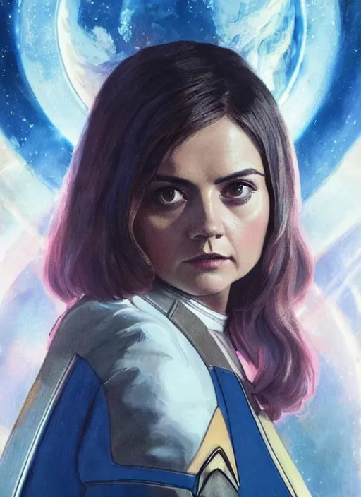 Image similar to jenna coleman as a star trek captain, a still from star trek painted by artgerm and greg rutkowski and alphonse mucha. clear highly detailed face, beautiful sci fi art