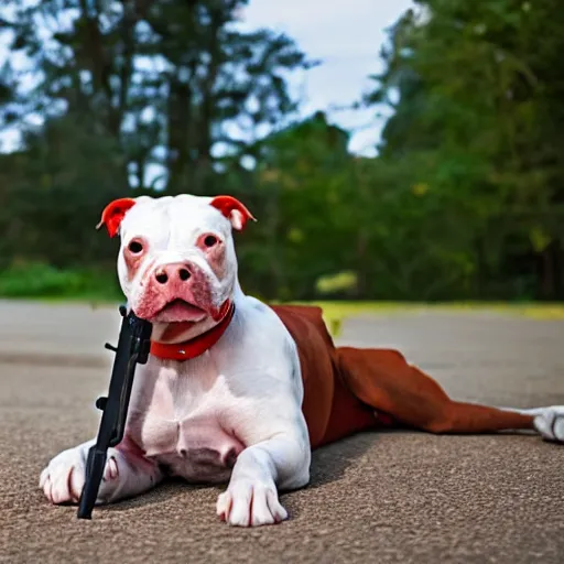 Prompt: red nose american pit bull holding a gun