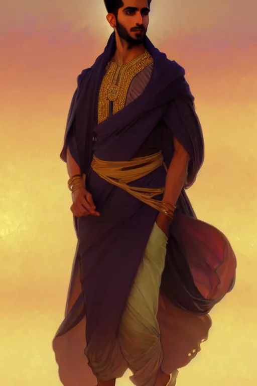 Image similar to full figure beautiful young fit arabic man with dark skin, dressed with multicolored fluent clothes, luminous scene, by greg rutkowski and alphonse mucha, d & d character, gradient white to gold, in front of a dune desert background, highly detailed portrait, digital painting, artstation, concept art, smooth, sharp focus illustration, artstation hq