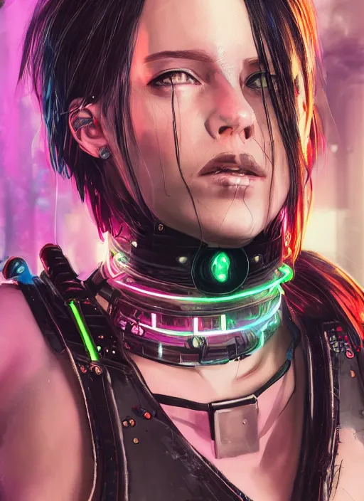 Image similar to detailed realistic female character cyberpunk wearing thick technological collar around neck, realistic, art, beautiful, 4K, collar, choker, collar around neck, punk, artstation, detailed, female, woman, choker, cyberpunk, neon, punk, collar, choker, collar around neck, cyberpunk, punk, neon