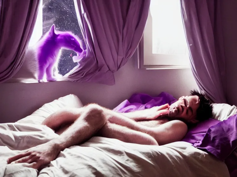 Image similar to man sleeping with a boy with purple hair and cat ears standing in window, dark lighting