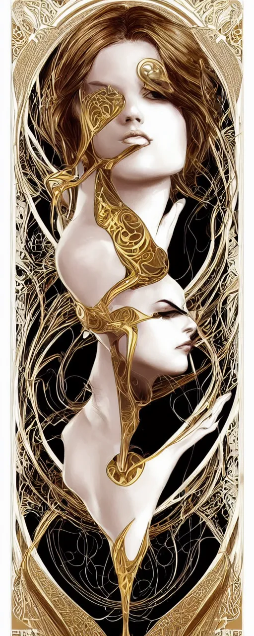 Prompt: beauty art nouveau woman, White and gold robotic, lasers making patterns in reflection of gold, trending on artstation, by Artgerm