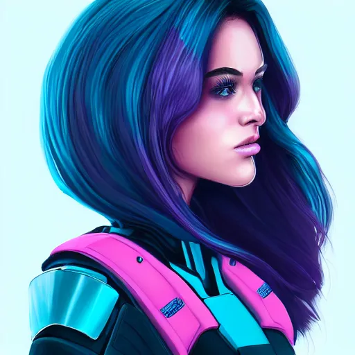 Prompt: a stunning upper body portrait of a beautiful young woman wearing futuristic navy blue and teal battle bodyarmor with shoulder pads, ombre purple and pink hairstyle, hair blowing in the wind, by marvel comics, digital art, trending on artstation