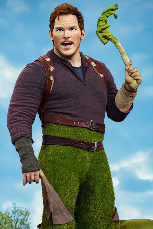 Image similar to Chris Pratt as Shrek in live action adaptation, set photograph in costume, cosplay, cover of Vogue