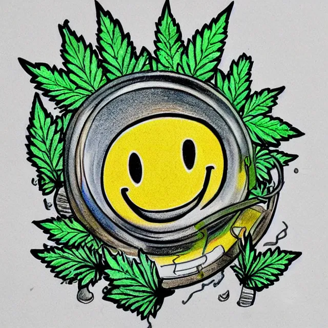 Image similar to cannabis smiley face cartoon, colored pencil illustration