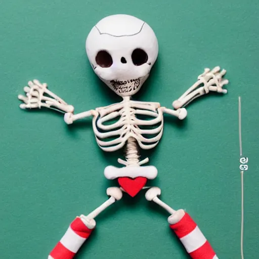 Prompt: an adorable simple ball jointed skeleton doll lovingly crafted by hand on a toy workbench, contains themes of puerto rican culture especially the vejigante, wearing little hand stitched festive overalls with love in every stitch, worms eye view, macro camera lens, cinematic, focus