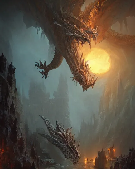 Prompt: A giant dragon in the middle of a dungeon, fantasy art, in the style of greg rutkowski, illustration, epic, fantasy, intricate, hyper detailed, artstation, concept art, smooth, sharp focus, ray tracing