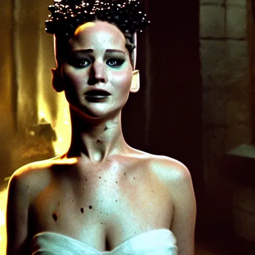 Image similar to jennifer lawrence as the bride of frankenstein, color photography, sharp detail, wicked smile, still from the movie underworld